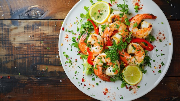 Top view of a beautifully plated shrimp steak garnished with fresh herbs and lemon slices on a white plate The vibrant colors contrast with a dark wooden table