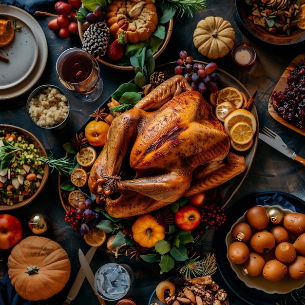 Top view of a beautifully set Thanksgiving table with a whole turkey surrounded by autumn fruits c