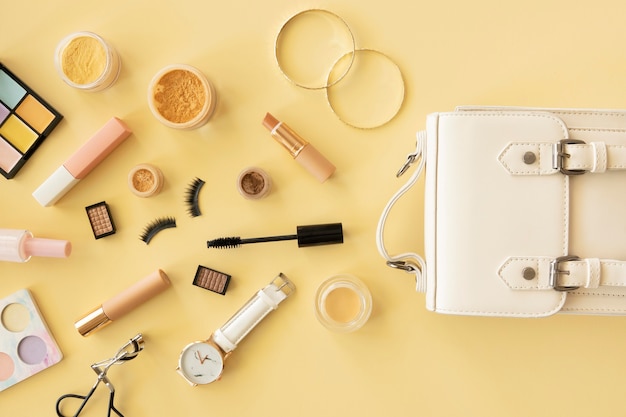 Top view beauty cosmetics and accessories