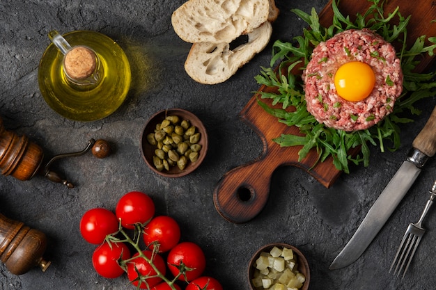 Top view beef steak tartar still life