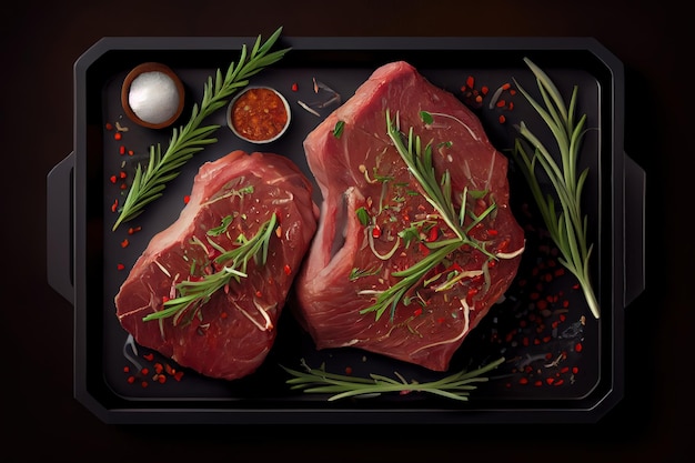 Top view of beef steaks with seasonings Generative Ai