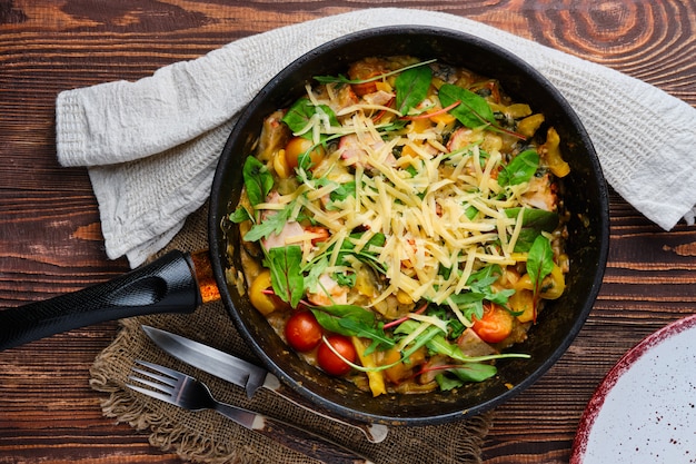 Top view of beef and vegetables stir fry