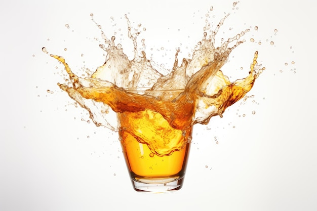 Top view of a beer glass splashing on a white background