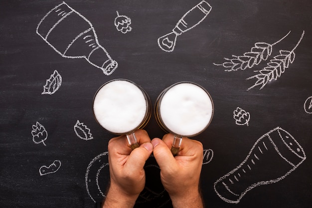 Top view beer with chalkboard background