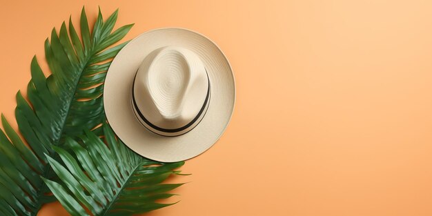 top view of beige hat palm leaf star fish on orange pastel background copy space