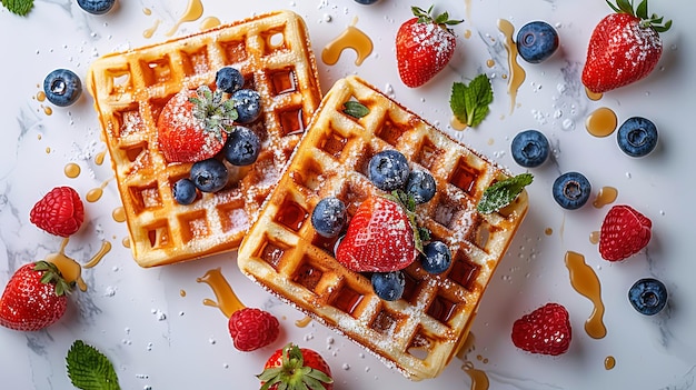 Photo top view of belgian waffles with fresh strawberries and blueberries on a white background