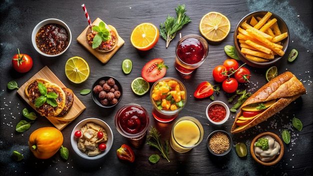 Photo top view of beverage and foods with empty space 4k hd photo