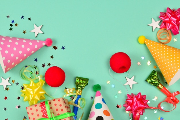 Top view birthday accessories on table