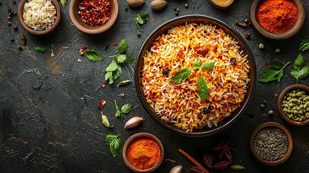 Photo top view of a biryani table setting with different ingredients