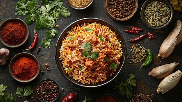 Photo top view of a biryani table setting with different ingredients