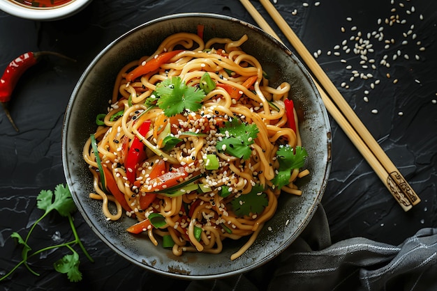 Photo top view of black bean noodles with sesame seeds