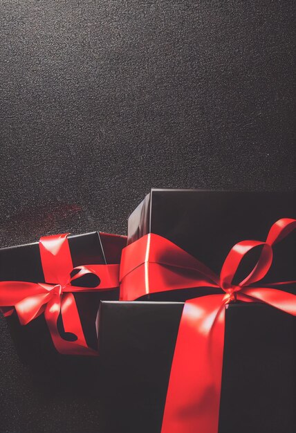 Top view of black Christmas boxes with red ribbon on a black background with copy space for text