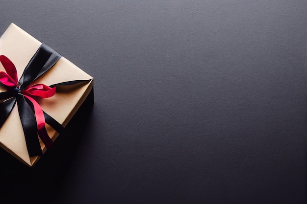 Top view of black Christmas boxes with red ribbon on a black background with copy space for text