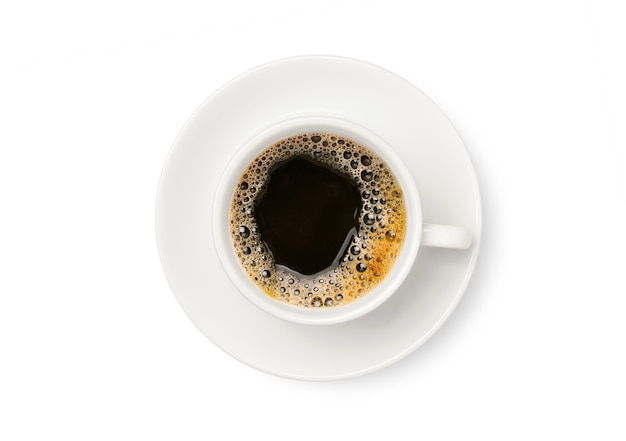 Top view of black coffee in white cup