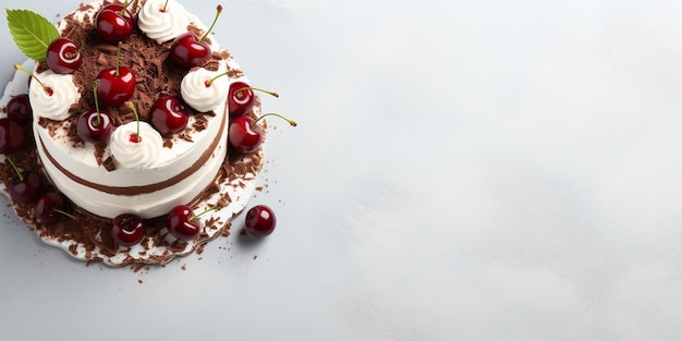 Top view of Black forest cake on white background with copy space layered delight Delicious fresh baked tasty homemade dessert