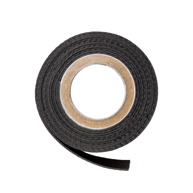 Top view of black plastic adhesive tape isolated on white.