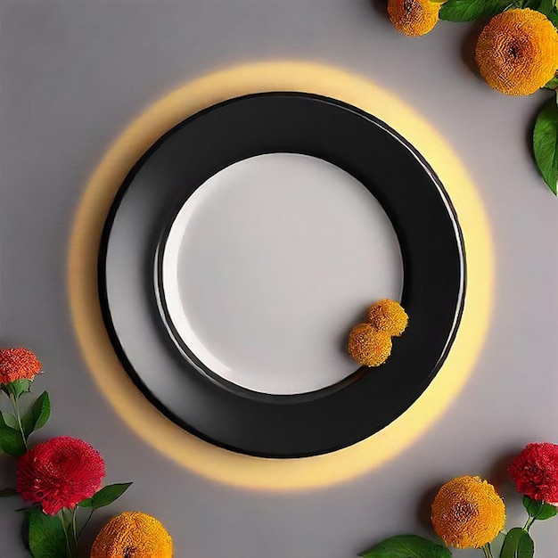 Photo top view of black round plate for mockup ai image