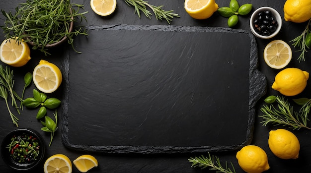 Photo top view of black slate board with fresh herbs and lemon slices copy space