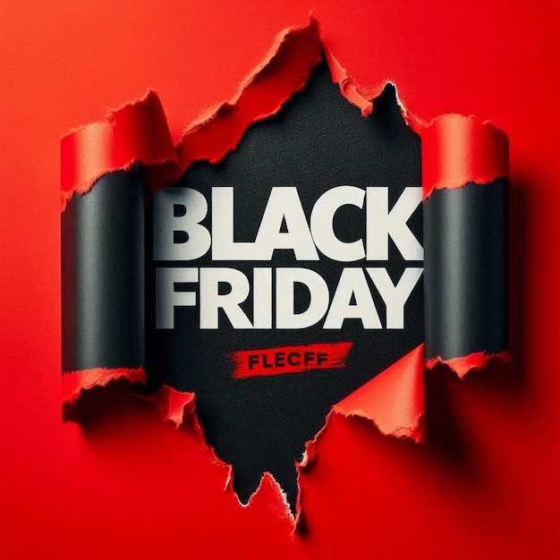 Top view of Black torn paper and the text black friday on a red background Black Friday composition