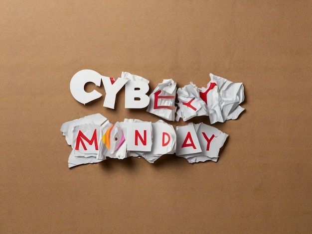 Photo top view of black torn paper and the text cyber monday on back and yellow background