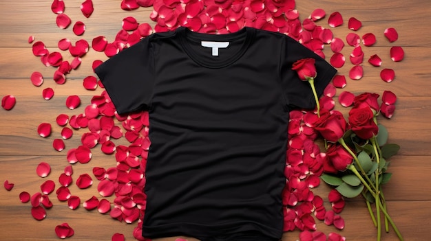 Top View Of Blank Black TShirt Mockup For Valentine's Day With Red Petals And Roses