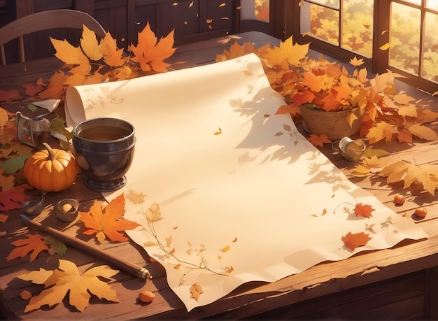 Top view of blank paper and coffee on table next to window decorated with autumn plants