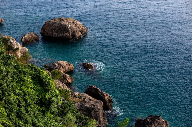 Top view of blue frothy sea surface Shot in the open sea from above