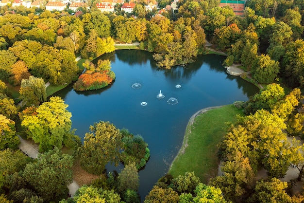 Top view of the blue lake with fountains in the city park. Poland, Wroclaw