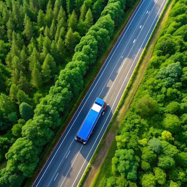 The top view of a blue truck driving on long highway imageAI generator 10