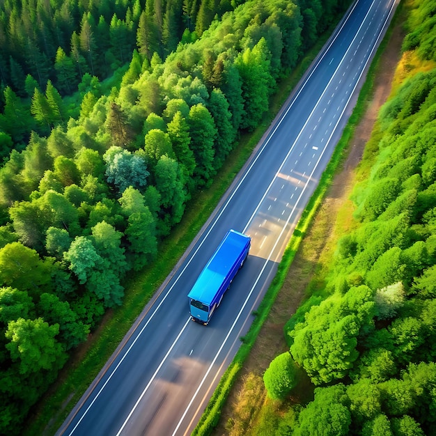 The top view of a blue truck driving on long highway imageAI generator 10