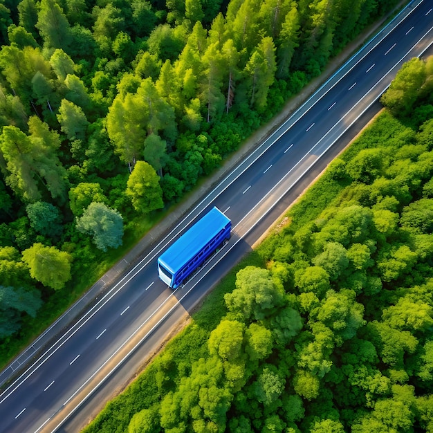 The top view of a blue truck driving on long highway imageAI generator