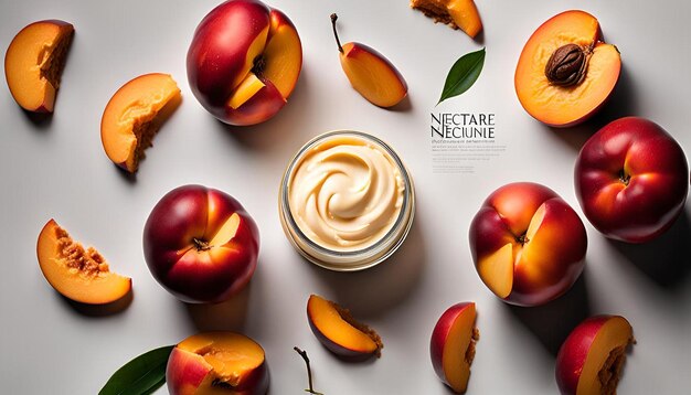 Photo top view of body butter and nectarines on plain background