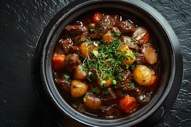 Top view of Boeuf Bourguignon with Mexican Cuisine on black background Concept Boeuf Bourguignon Mexican Cuisine Top View Food Photography Black Background