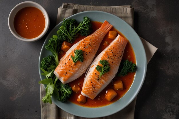 Photo top view boiled red fish with stew greens and sauce on a plate