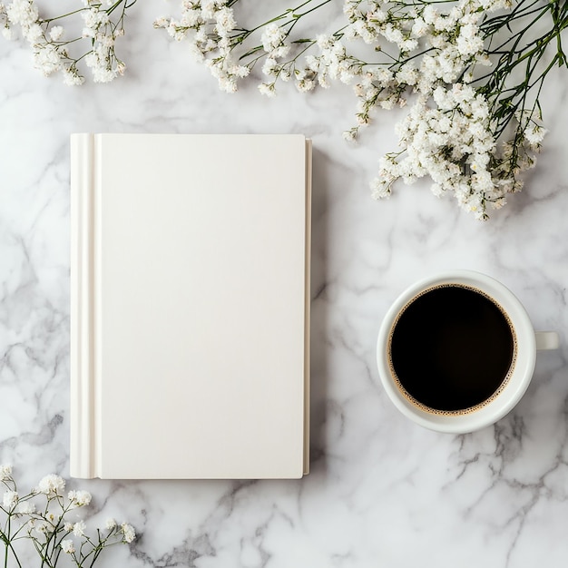 Top View Book Mockup with Coffee and Flowers