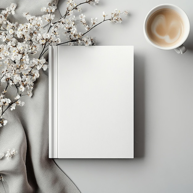 Top View Book Mockup with Coffee and Flowers