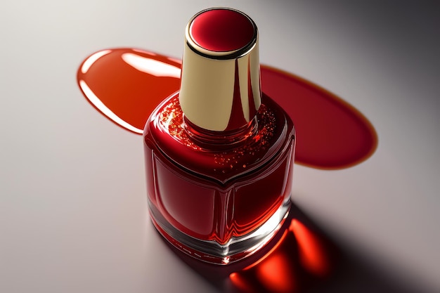 Top view of a bottle of red nail polish varnish flows Illustration AI Generative