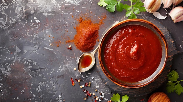 Top view of a bowl of ketchup with a spoon on a dark background