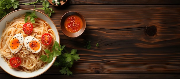 top view a bowl of miso ramen on a wooden table with copy space