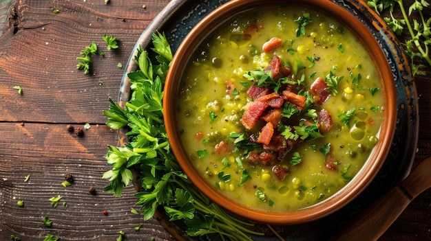 Top view of a bowl of split pea soup garnished with crispy bacon and fresh herbs on a rustic wooden table