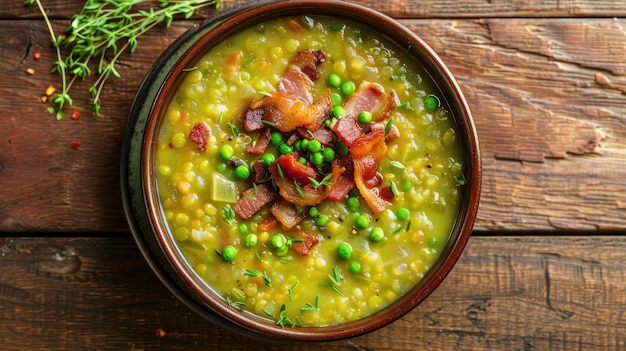 Top view of a bowl of split pea soup garnished with crispy bacon and fresh herbs on a rustic wooden table