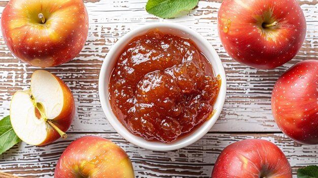 Top view of bowl with delicious apple jam on wooden table