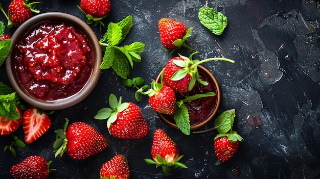 Top view of a bowl with delicious strawberry jam on dark background