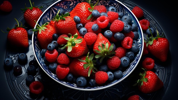 Top View of Bowl with Strawberries and Blueberries