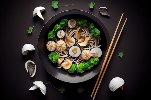 Top view of bowl with various raw mushrooms placed on black table with chopsticks