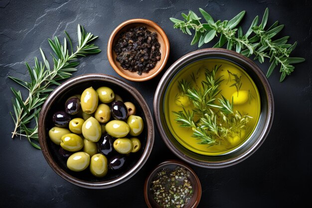 Top view of bowls with green and black olives and oil