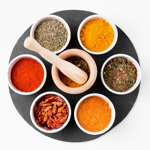 Top view bowls with spices