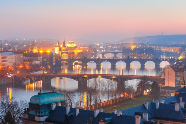 Top view bridges on the Vltava River in Prague