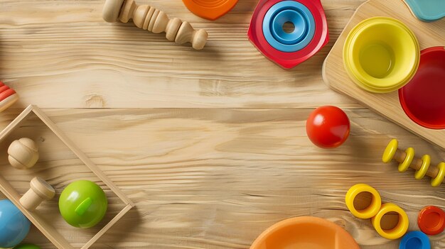 Photo top view of bright childrens wooden and plastic montessori toys for early developmen generative ai