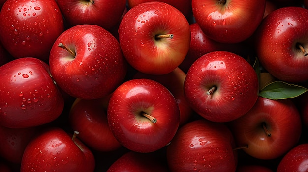 Top view of bright ripe fragrant red apples with water drops as background Red apple patterns